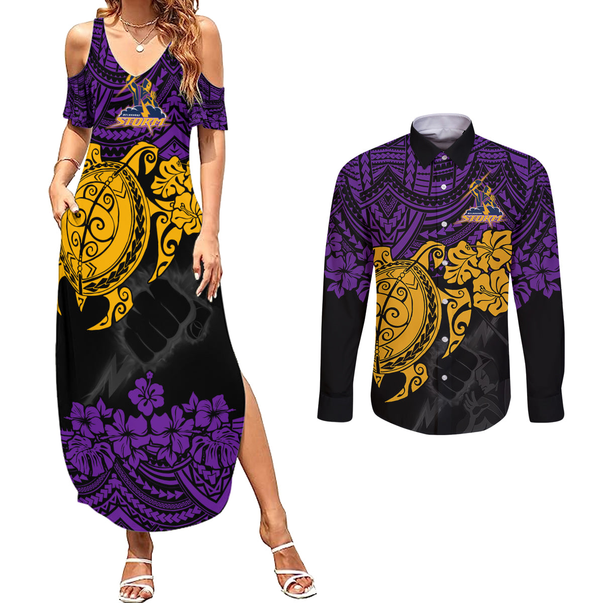 custom-storm-rugby-couples-matching-summer-maxi-dress-and-long-sleeve-button-shirt-melbourne-hibiscus-and-turtle-with-polynesian-pattern