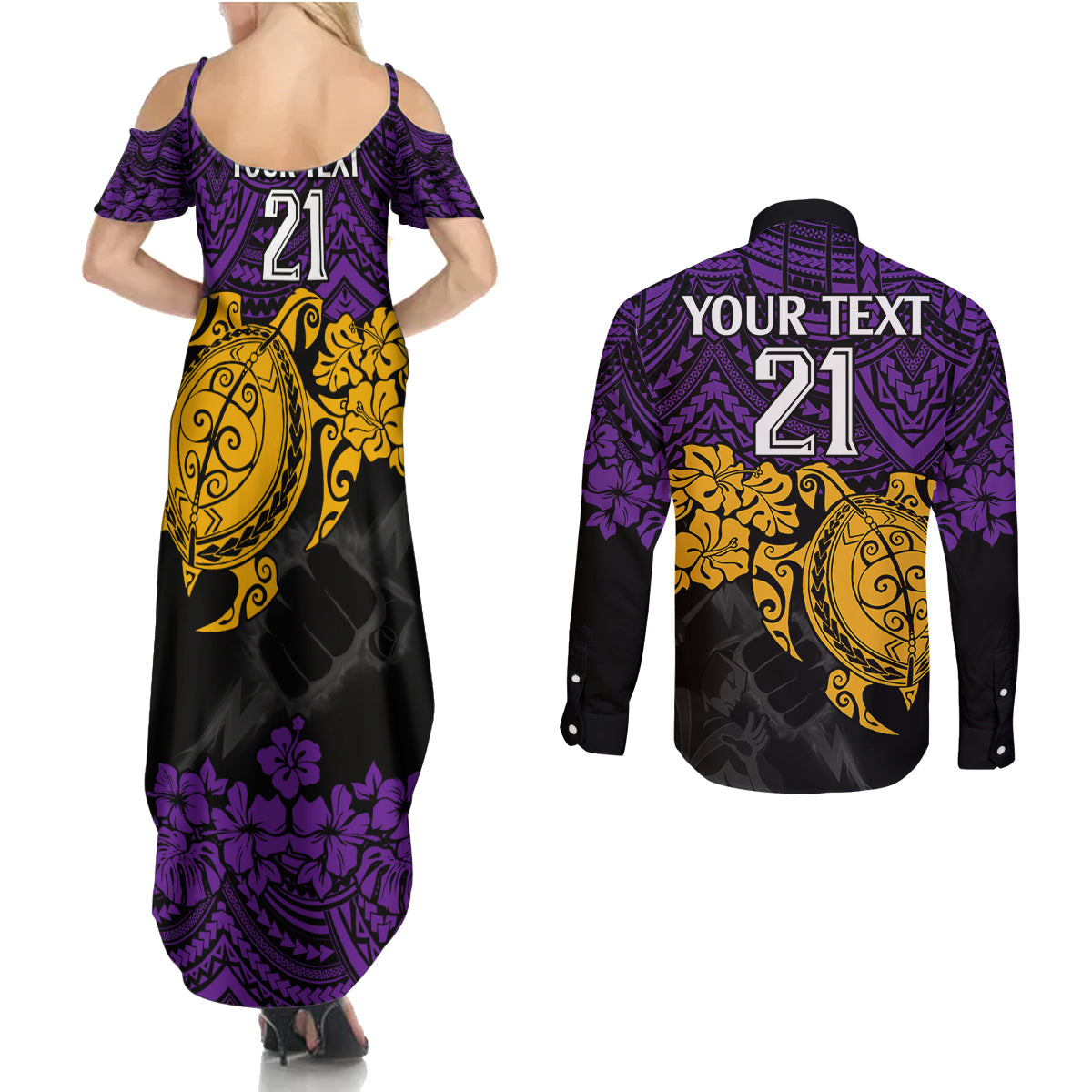 custom-storm-rugby-couples-matching-summer-maxi-dress-and-long-sleeve-button-shirt-melbourne-hibiscus-and-turtle-with-polynesian-pattern