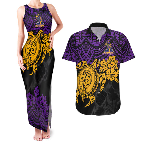 custom-storm-rugby-couples-matching-tank-maxi-dress-and-hawaiian-shirt-melbourne-hibiscus-and-turtle-with-polynesian-pattern