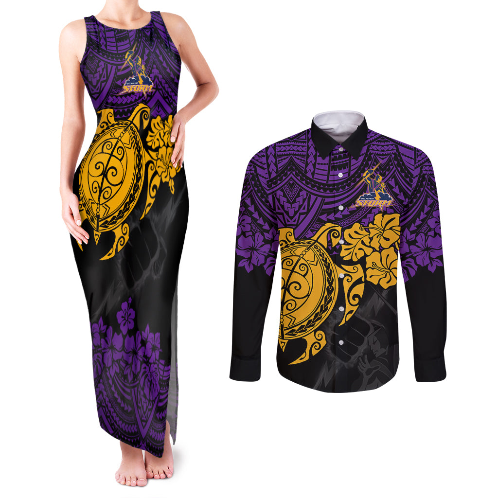 custom-storm-rugby-couples-matching-tank-maxi-dress-and-long-sleeve-button-shirt-melbourne-hibiscus-and-turtle-with-polynesian-pattern