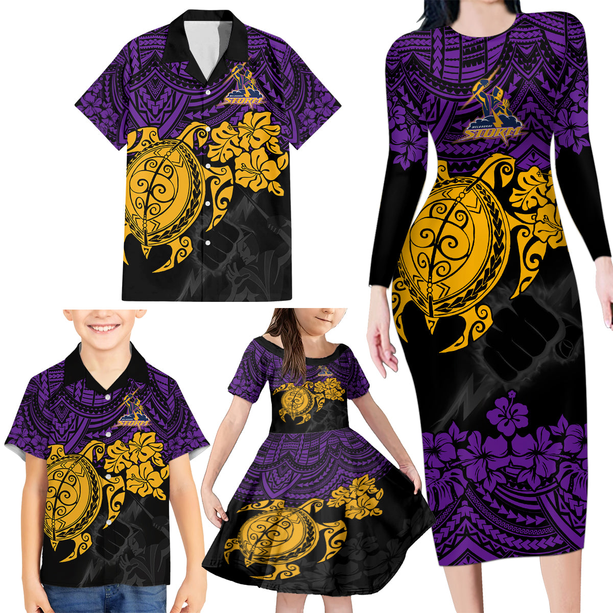 custom-storm-rugby-family-matching-long-sleeve-bodycon-dress-and-hawaiian-shirt-melbourne-hibiscus-and-turtle-with-polynesian-pattern