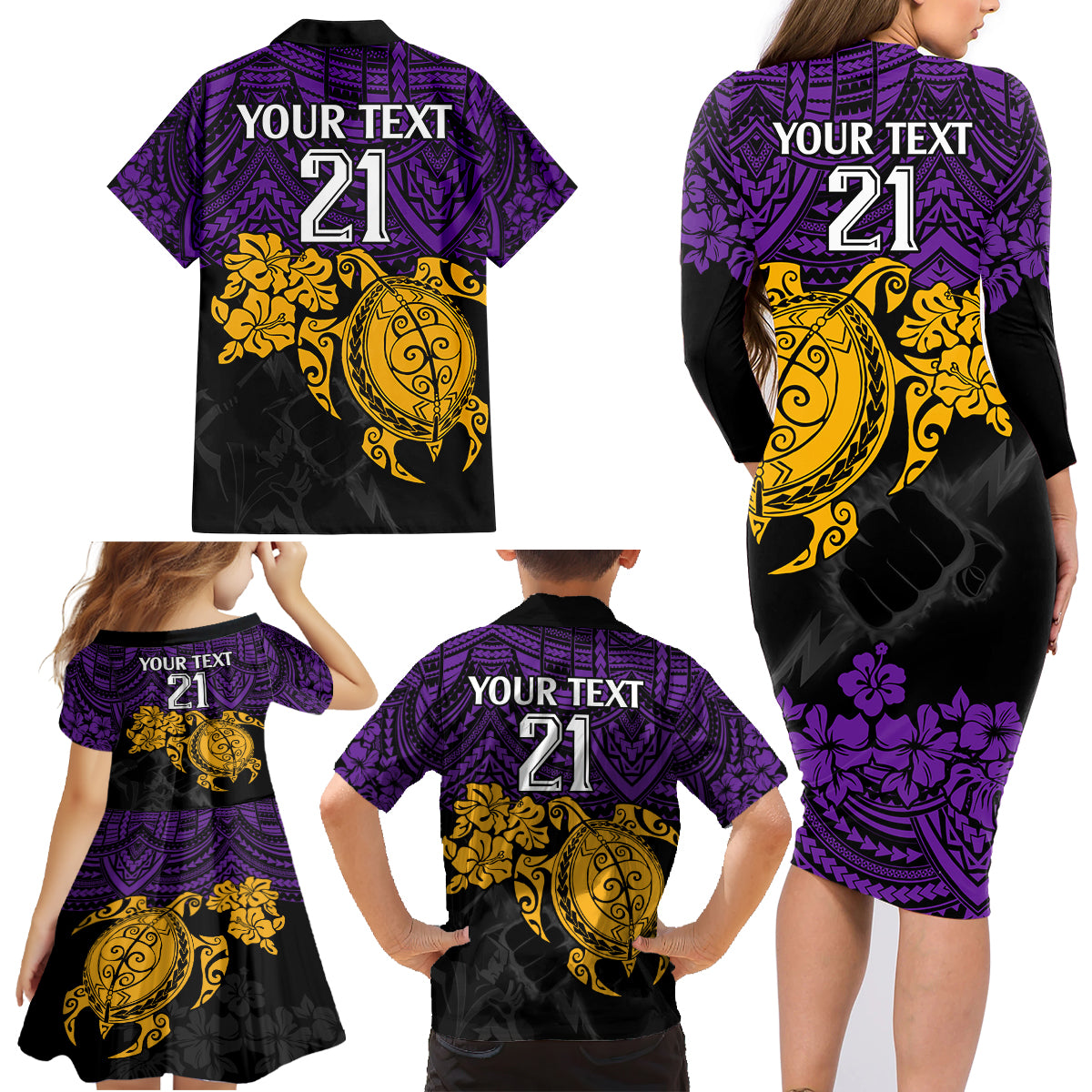 custom-storm-rugby-family-matching-long-sleeve-bodycon-dress-and-hawaiian-shirt-melbourne-hibiscus-and-turtle-with-polynesian-pattern