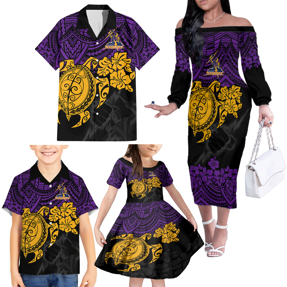 custom-storm-rugby-family-matching-off-shoulder-long-sleeve-dress-and-hawaiian-shirt-melbourne-hibiscus-and-turtle-with-polynesian-pattern