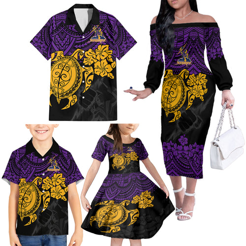 custom-storm-rugby-family-matching-off-shoulder-long-sleeve-dress-and-hawaiian-shirt-melbourne-hibiscus-and-turtle-with-polynesian-pattern