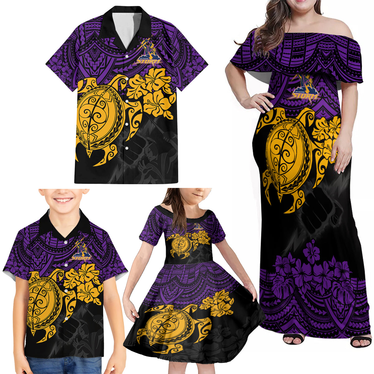 custom-storm-rugby-family-matching-off-shoulder-maxi-dress-and-hawaiian-shirt-melbourne-hibiscus-and-turtle-with-polynesian-pattern