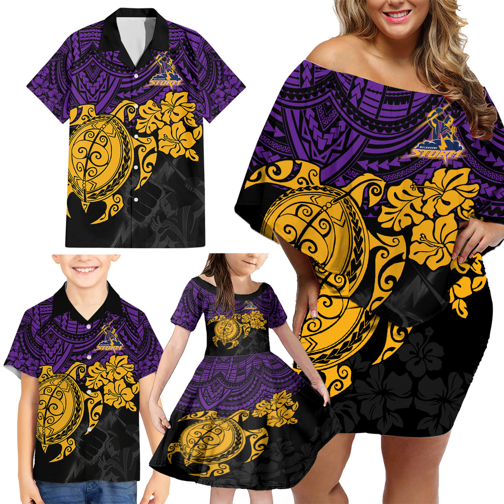 custom-storm-rugby-family-matching-off-shoulder-short-dress-and-hawaiian-shirt-melbourne-hibiscus-and-turtle-with-polynesian-pattern