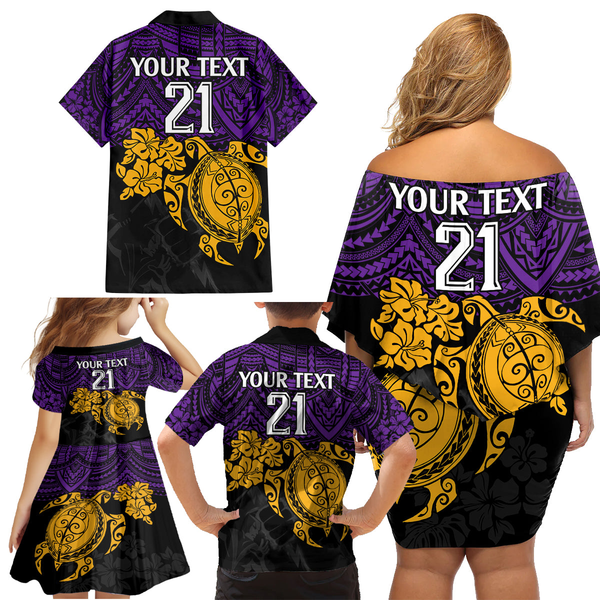 custom-storm-rugby-family-matching-off-shoulder-short-dress-and-hawaiian-shirt-melbourne-hibiscus-and-turtle-with-polynesian-pattern