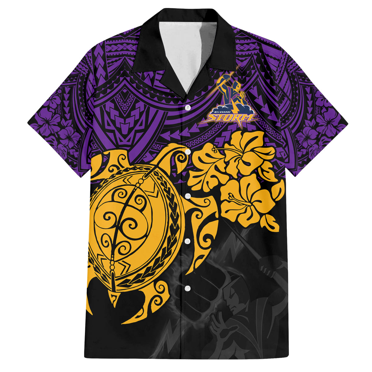 custom-storm-rugby-family-matching-off-shoulder-short-dress-and-hawaiian-shirt-melbourne-hibiscus-and-turtle-with-polynesian-pattern