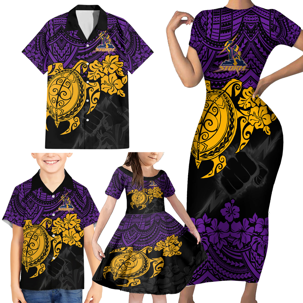custom-storm-rugby-family-matching-short-sleeve-bodycon-dress-and-hawaiian-shirt-melbourne-hibiscus-and-turtle-with-polynesian-pattern