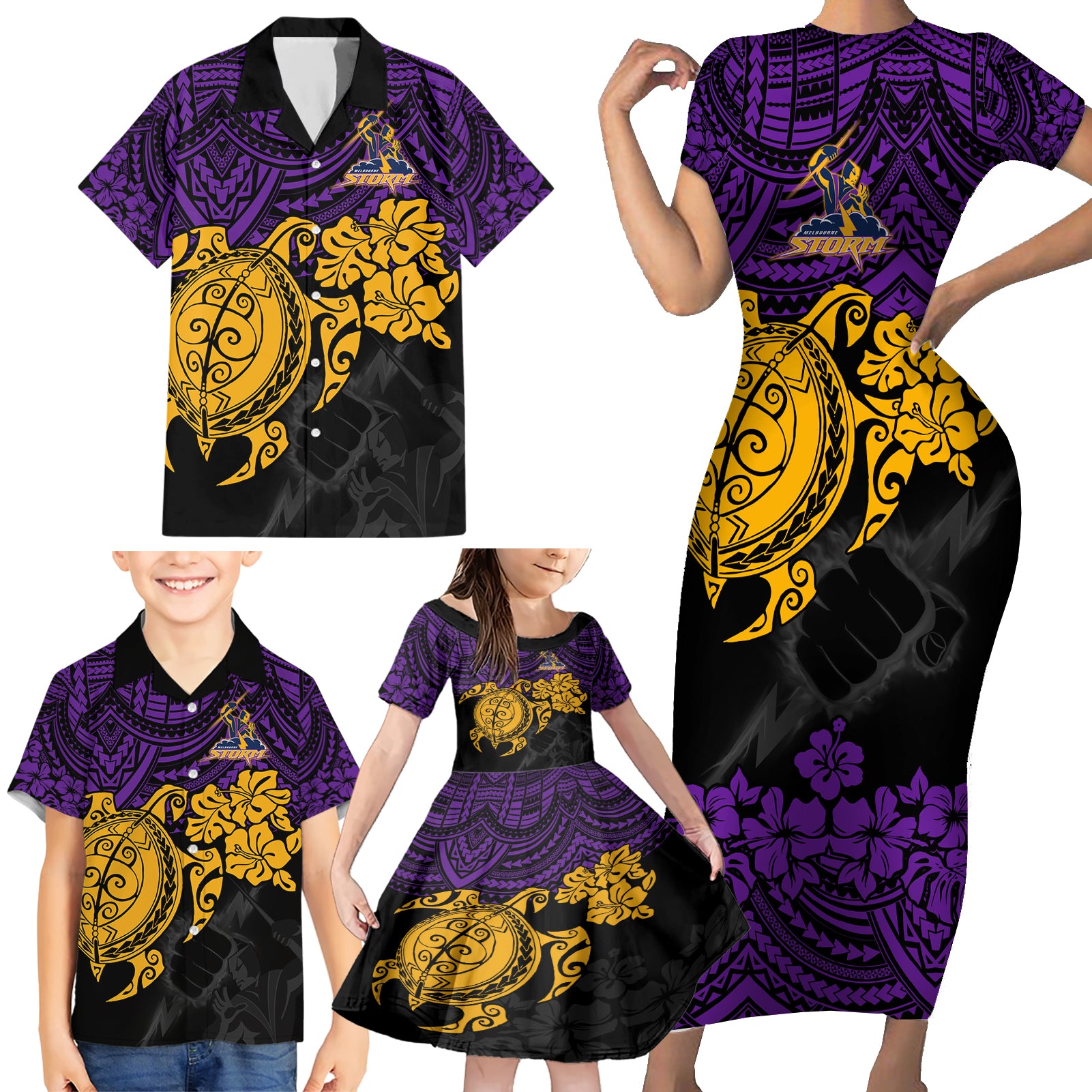 custom-storm-rugby-family-matching-short-sleeve-bodycon-dress-and-hawaiian-shirt-melbourne-hibiscus-and-turtle-with-polynesian-pattern