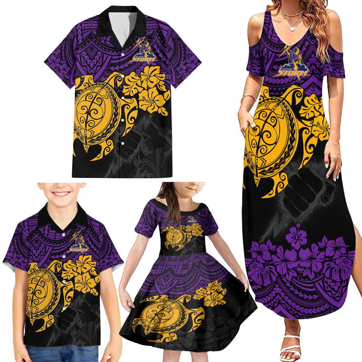 custom-storm-rugby-family-matching-summer-maxi-dress-and-hawaiian-shirt-melbourne-hibiscus-and-turtle-with-polynesian-pattern