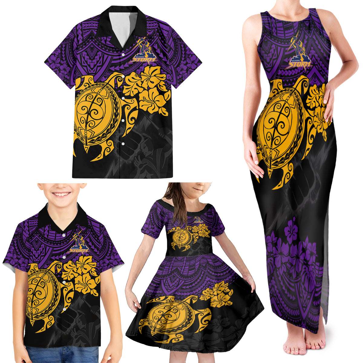 custom-storm-rugby-family-matching-tank-maxi-dress-and-hawaiian-shirt-melbourne-hibiscus-and-turtle-with-polynesian-pattern