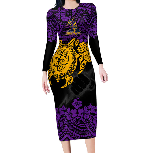 custom-storm-rugby-long-sleeve-bodycon-dress-melbourne-hibiscus-and-turtle-with-polynesian-pattern