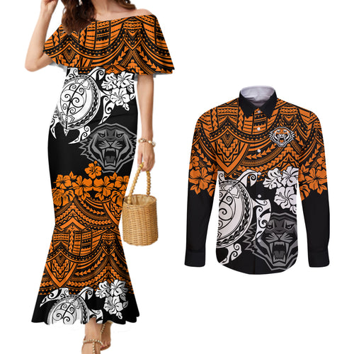 custom-wests-tigers-rugby-couples-matching-mermaid-dress-and-long-sleeve-button-shirt-hibiscus-and-turtle-with-polynesian-pattern