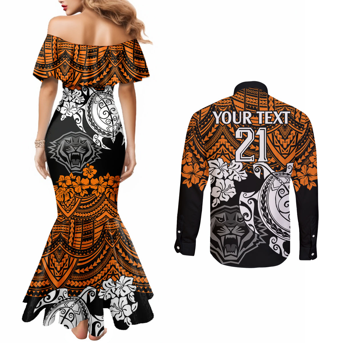 custom-wests-tigers-rugby-couples-matching-mermaid-dress-and-long-sleeve-button-shirt-hibiscus-and-turtle-with-polynesian-pattern