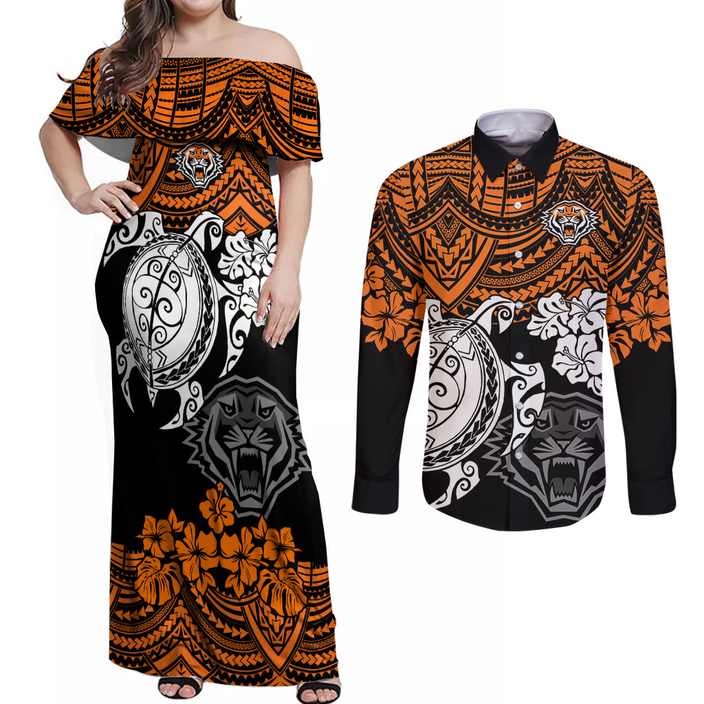 custom-wests-tigers-rugby-couples-matching-off-shoulder-maxi-dress-and-long-sleeve-button-shirt-hibiscus-and-turtle-with-polynesian-pattern