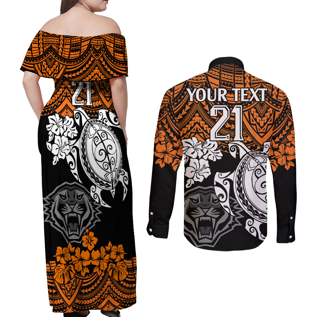 custom-wests-tigers-rugby-couples-matching-off-shoulder-maxi-dress-and-long-sleeve-button-shirt-hibiscus-and-turtle-with-polynesian-pattern
