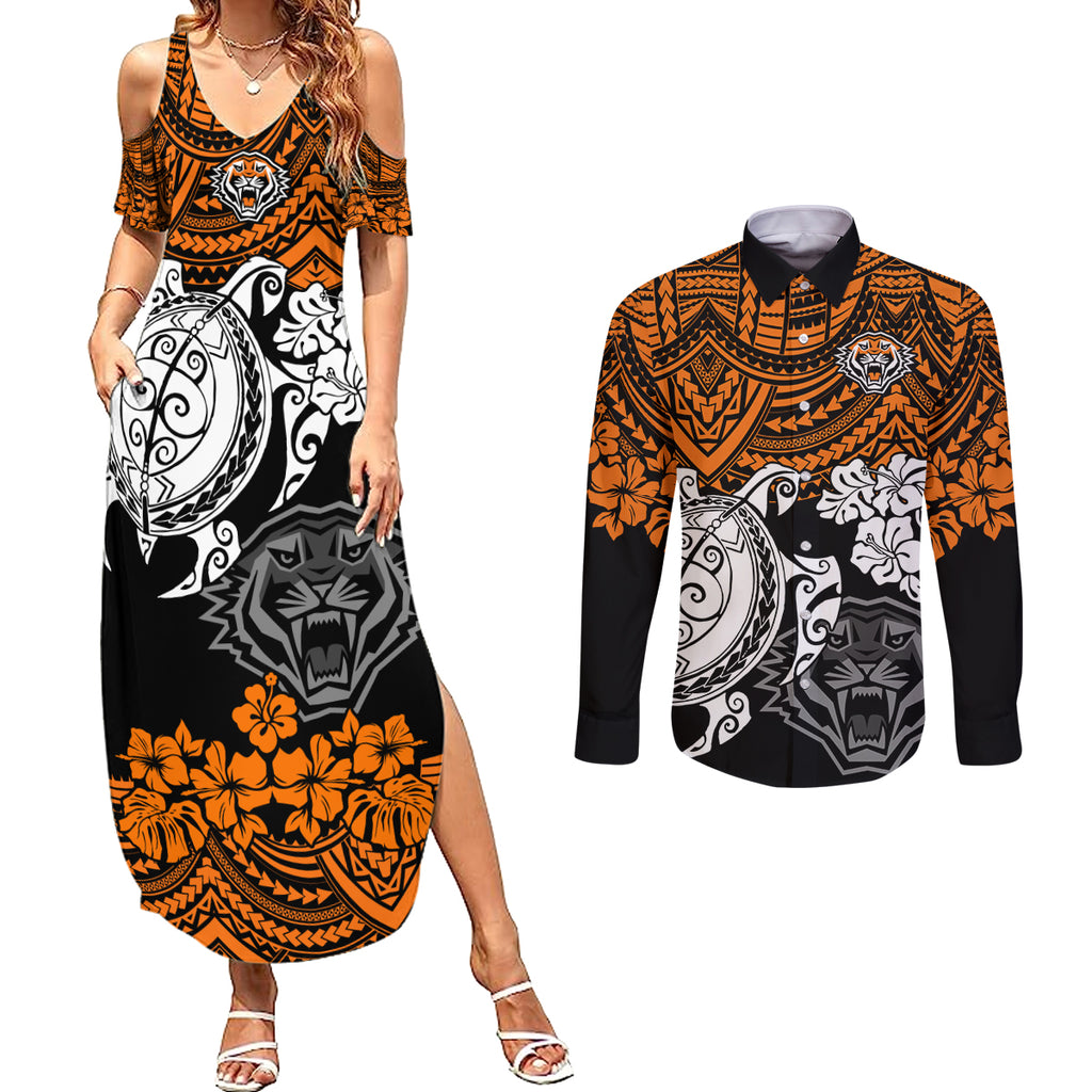 custom-wests-tigers-rugby-couples-matching-summer-maxi-dress-and-long-sleeve-button-shirt-hibiscus-and-turtle-with-polynesian-pattern
