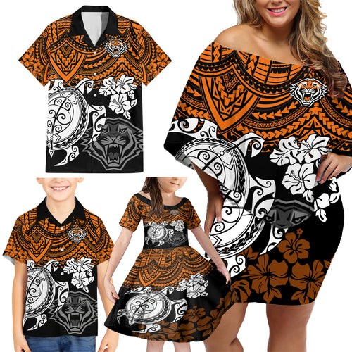 custom-wests-tigers-rugby-family-matching-off-shoulder-short-dress-and-hawaiian-shirt-hibiscus-and-turtle-with-polynesian-pattern