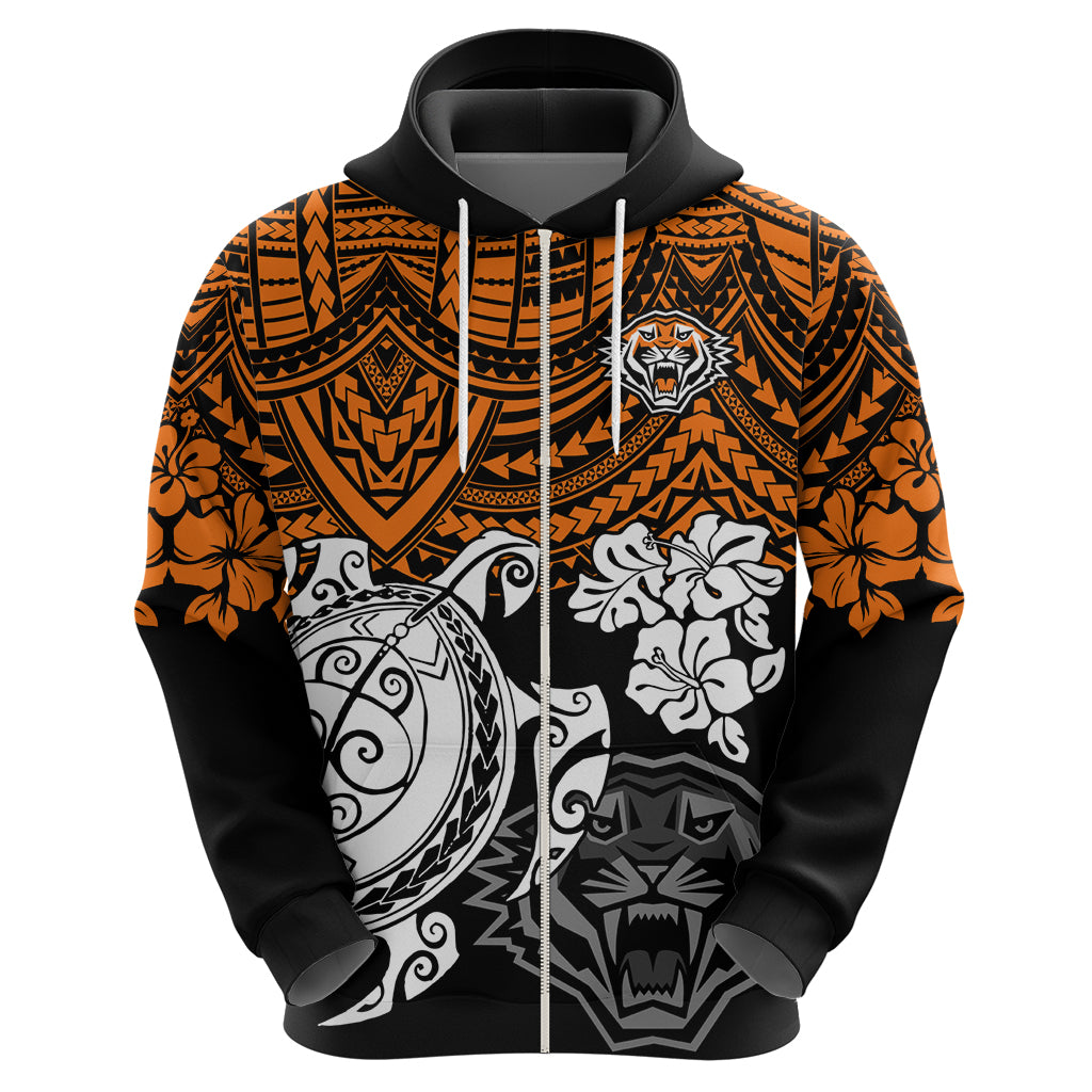custom-wests-tigers-rugby-hoodie-hibiscus-and-turtle-with-polynesian-pattern