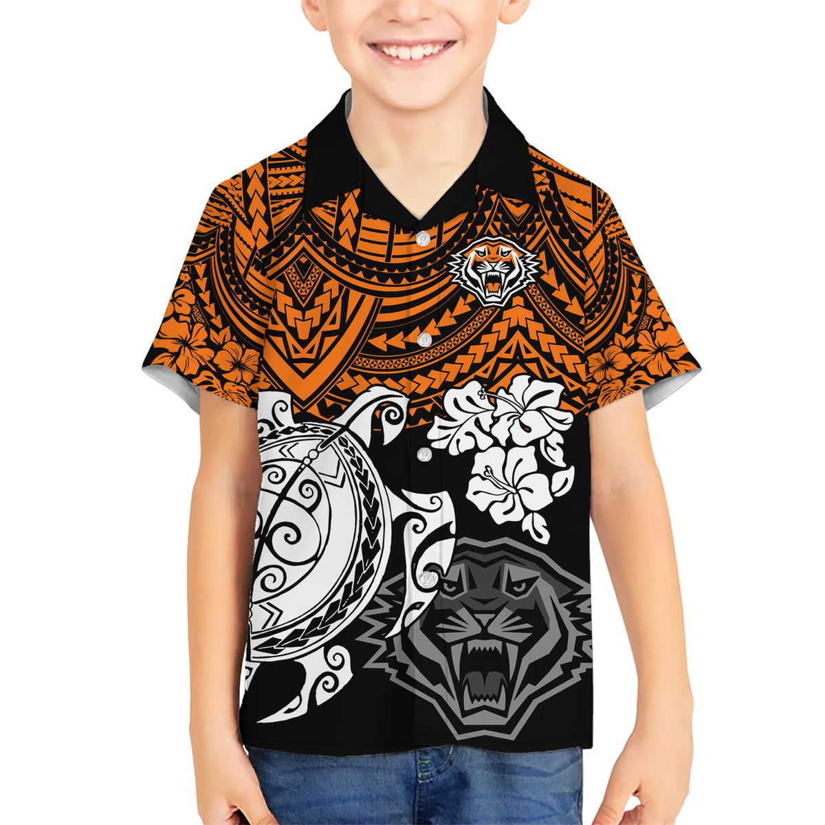 custom-wests-tigers-rugby-kid-hawaiian-shirt-hibiscus-and-turtle-with-polynesian-pattern