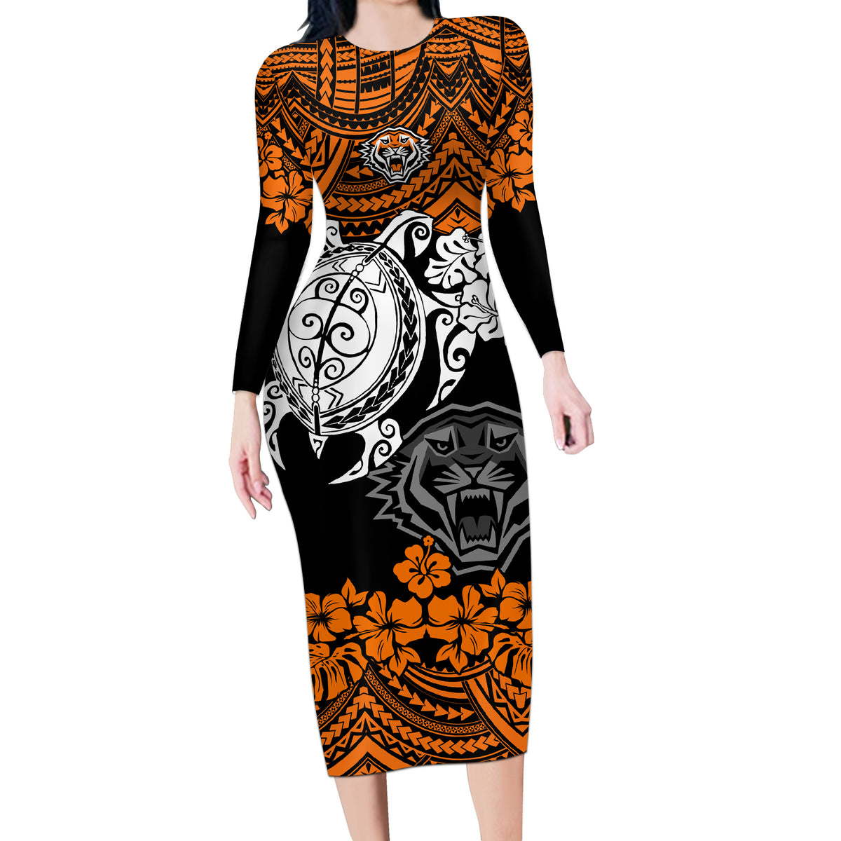 custom-wests-tigers-rugby-long-sleeve-bodycon-dress-hibiscus-and-turtle-with-polynesian-pattern