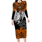 custom-wests-tigers-rugby-long-sleeve-bodycon-dress-hibiscus-and-turtle-with-polynesian-pattern