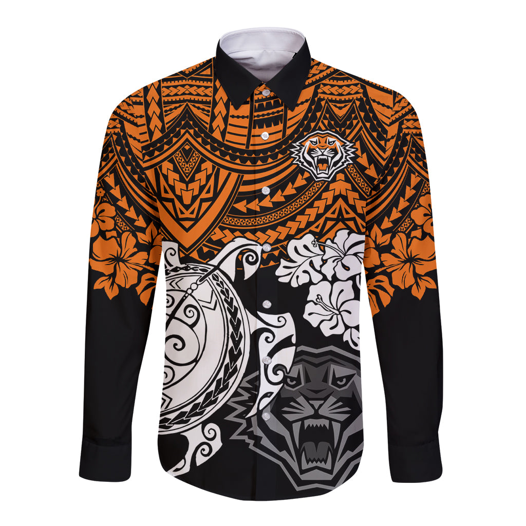 custom-wests-tigers-rugby-long-sleeve-button-shirt-hibiscus-and-turtle-with-polynesian-pattern