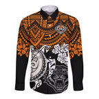 custom-wests-tigers-rugby-long-sleeve-button-shirt-hibiscus-and-turtle-with-polynesian-pattern