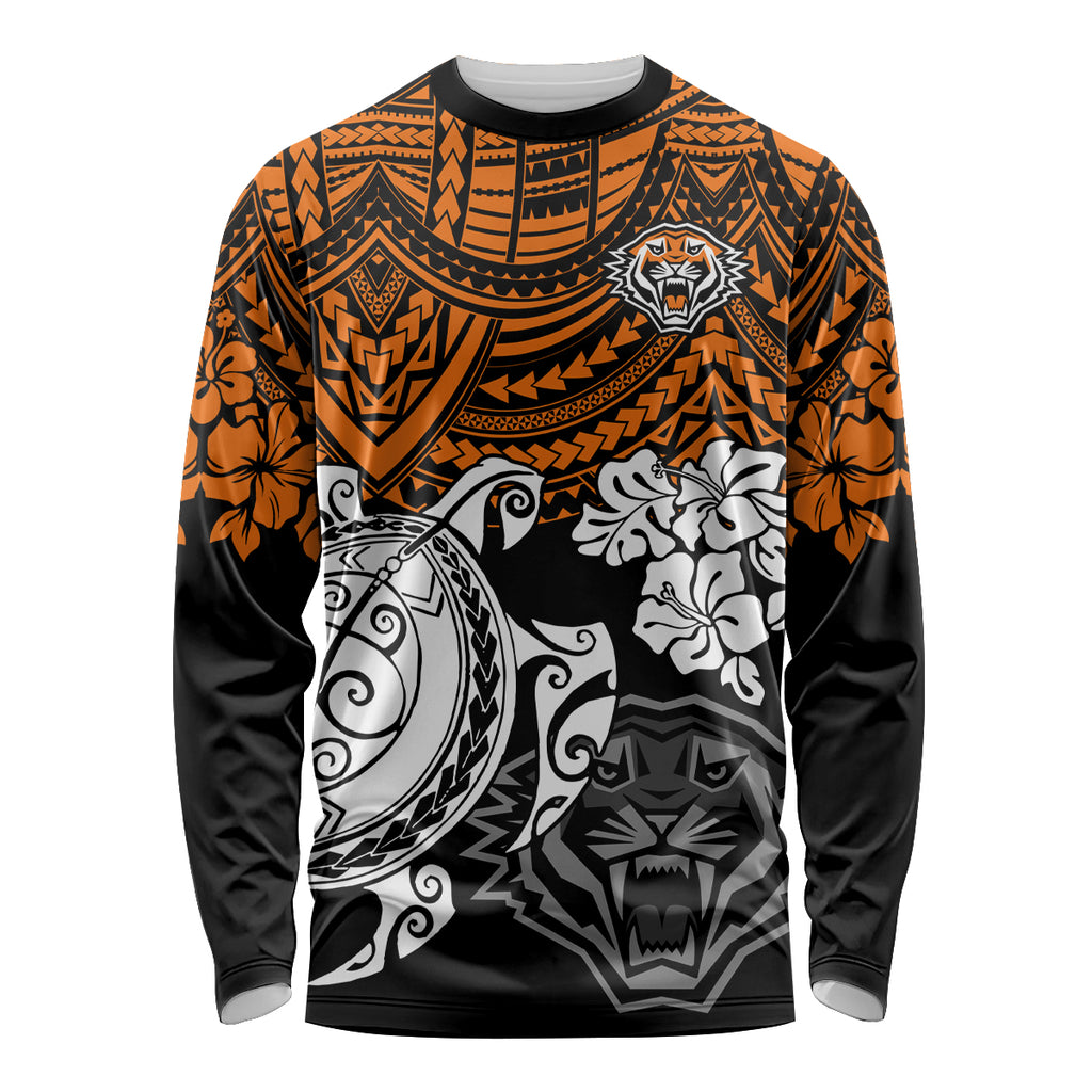 custom-wests-tigers-rugby-long-sleeve-shirt-hibiscus-and-turtle-with-polynesian-pattern