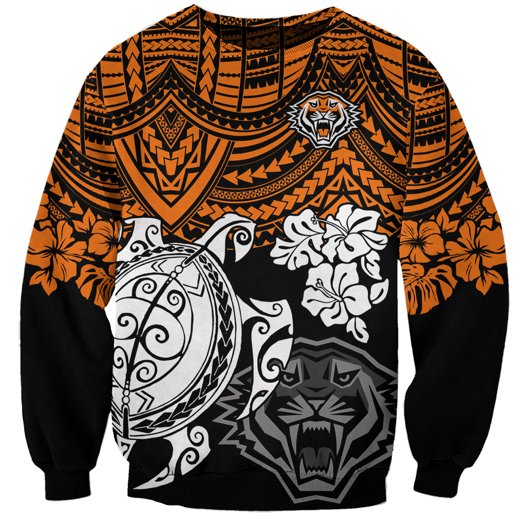 custom-wests-tigers-rugby-sweatshirt-hibiscus-and-turtle-with-polynesian-pattern