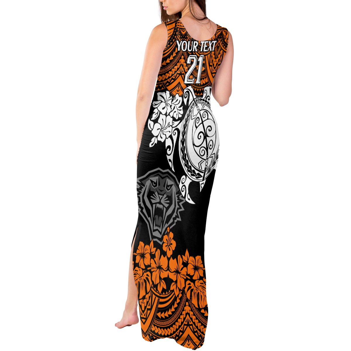custom-wests-tigers-rugby-tank-maxi-dress-hibiscus-and-turtle-with-polynesian-pattern