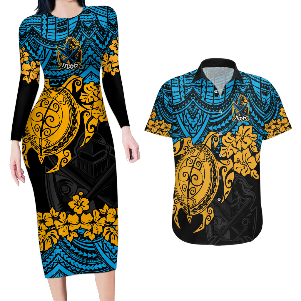 custom-titans-rugby-couples-matching-long-sleeve-bodycon-dress-and-hawaiian-shirt-gld-hibiscus-and-turtle-with-polynesian-pattern