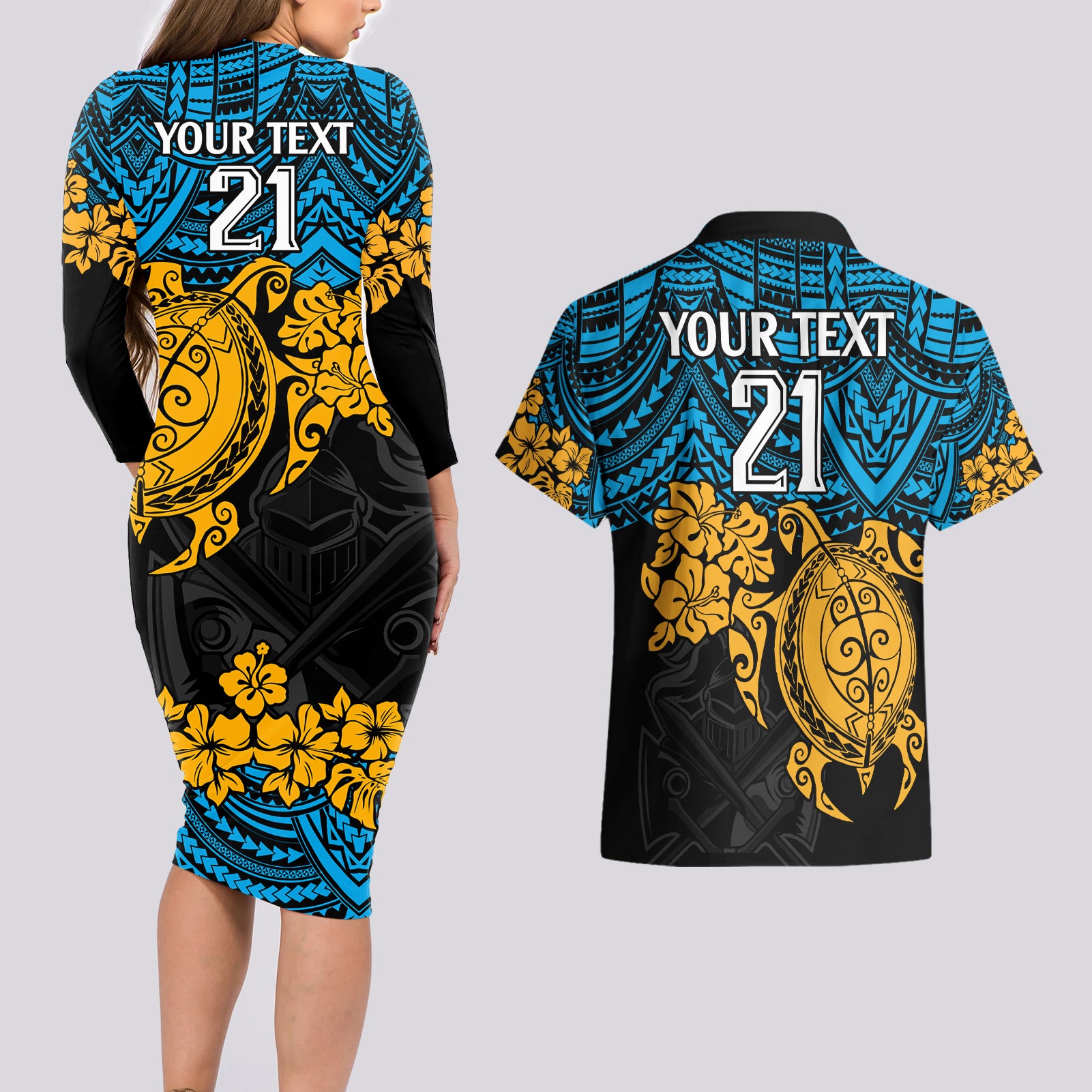custom-titans-rugby-couples-matching-long-sleeve-bodycon-dress-and-hawaiian-shirt-gld-hibiscus-and-turtle-with-polynesian-pattern