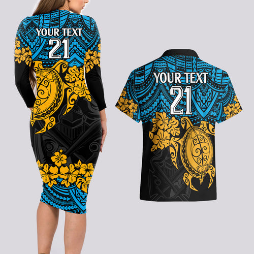 custom-titans-rugby-couples-matching-long-sleeve-bodycon-dress-and-hawaiian-shirt-gld-hibiscus-and-turtle-with-polynesian-pattern