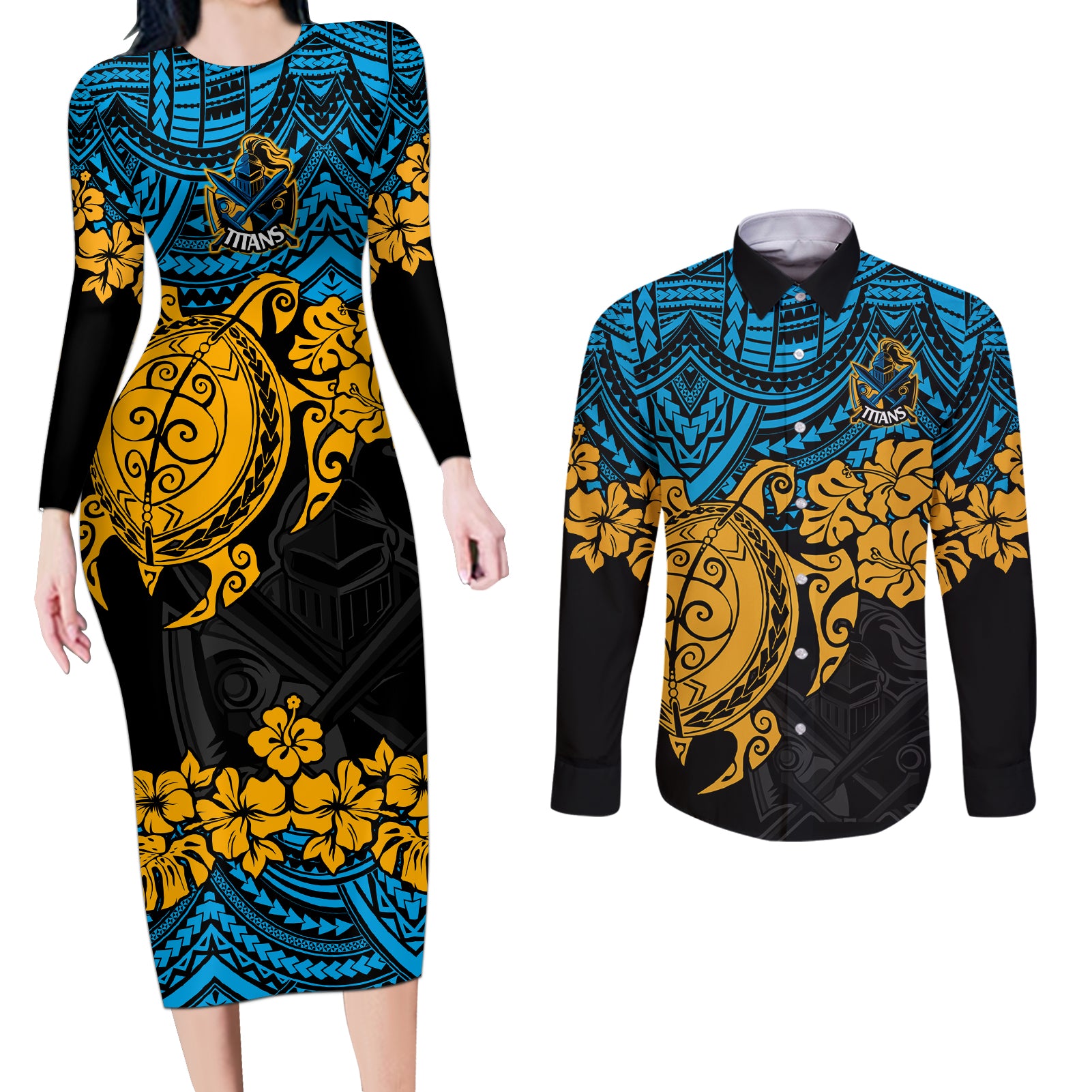 custom-titans-rugby-couples-matching-long-sleeve-bodycon-dress-and-long-sleeve-button-shirt-gld-hibiscus-and-turtle-with-polynesian-pattern