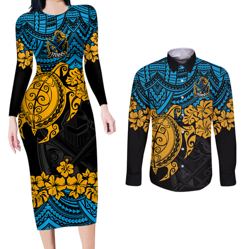 custom-titans-rugby-couples-matching-long-sleeve-bodycon-dress-and-long-sleeve-button-shirt-gld-hibiscus-and-turtle-with-polynesian-pattern
