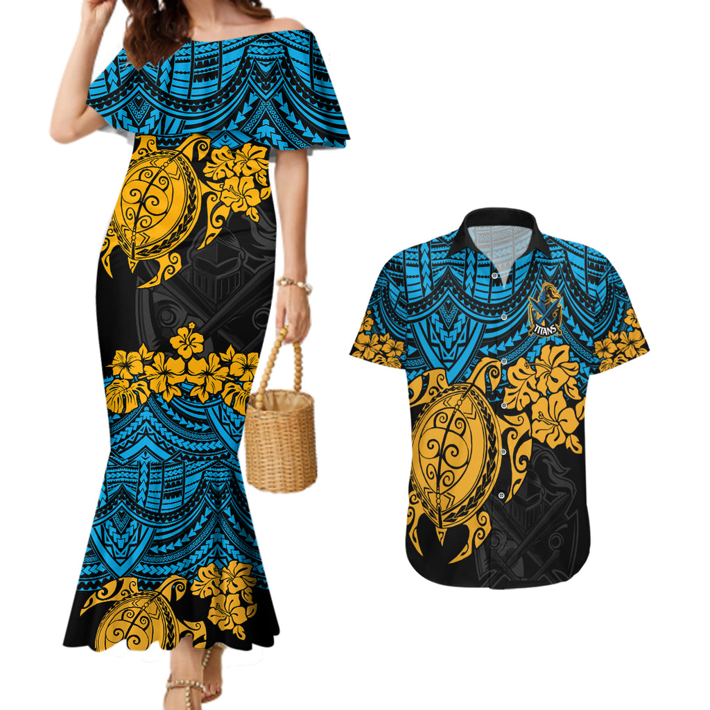 custom-titans-rugby-couples-matching-mermaid-dress-and-hawaiian-shirt-gld-hibiscus-and-turtle-with-polynesian-pattern