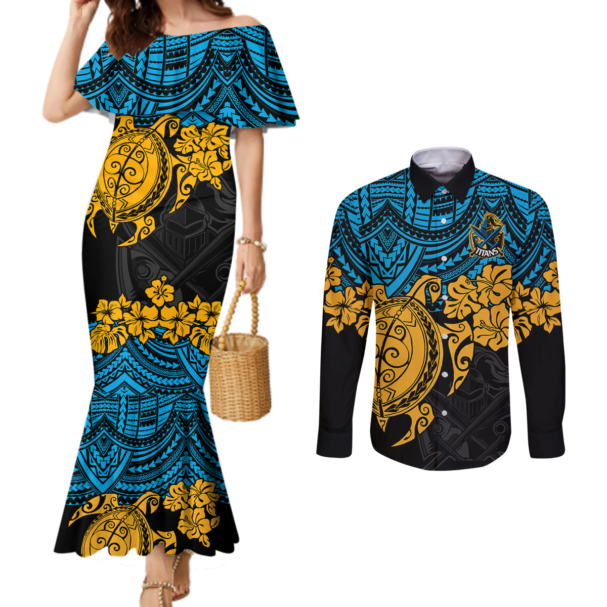 custom-titans-rugby-couples-matching-mermaid-dress-and-long-sleeve-button-shirt-gld-hibiscus-and-turtle-with-polynesian-pattern