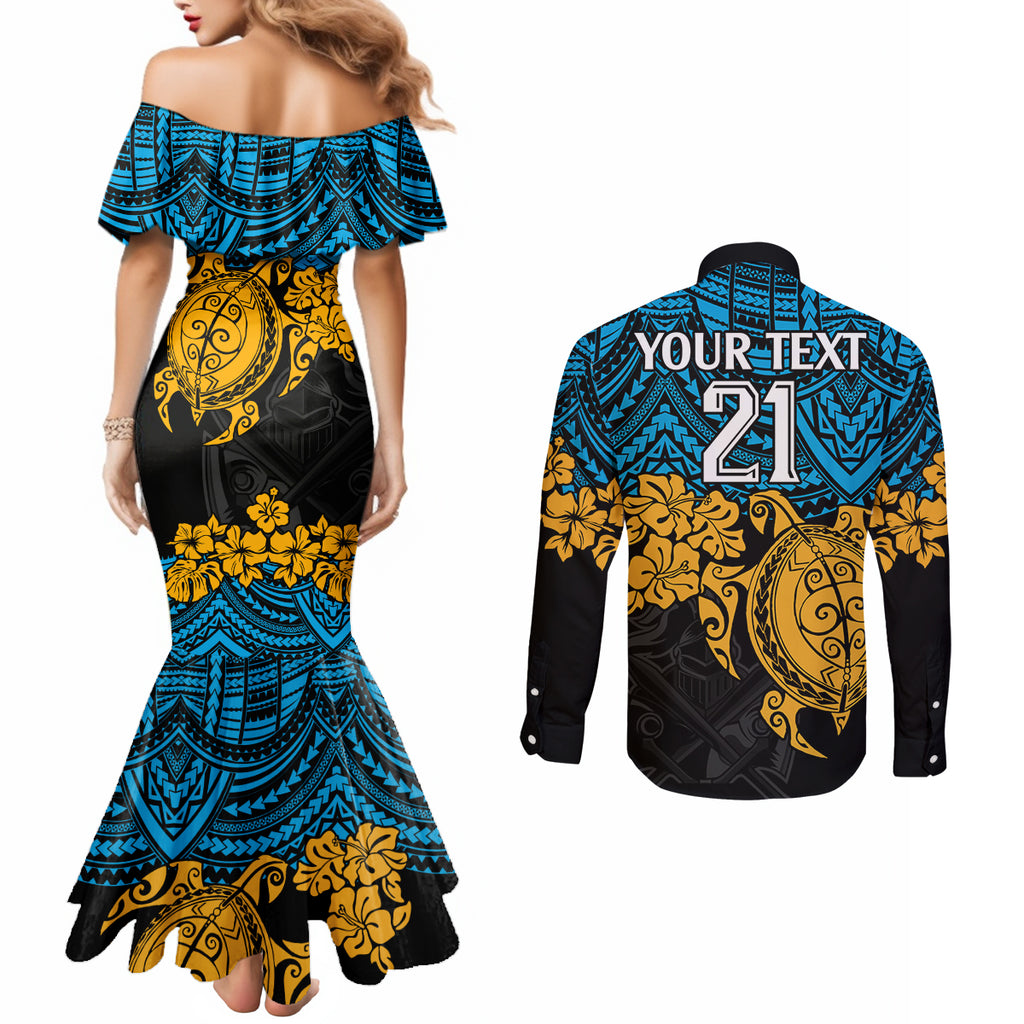 custom-titans-rugby-couples-matching-mermaid-dress-and-long-sleeve-button-shirt-gld-hibiscus-and-turtle-with-polynesian-pattern
