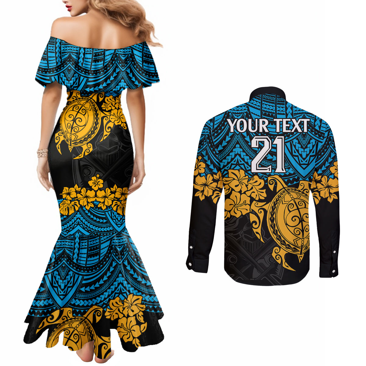 custom-titans-rugby-couples-matching-mermaid-dress-and-long-sleeve-button-shirt-gld-hibiscus-and-turtle-with-polynesian-pattern