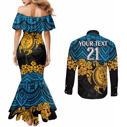 custom-titans-rugby-couples-matching-mermaid-dress-and-long-sleeve-button-shirt-gld-hibiscus-and-turtle-with-polynesian-pattern