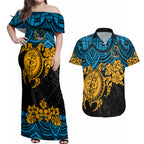 custom-titans-rugby-couples-matching-off-shoulder-maxi-dress-and-hawaiian-shirt-gld-hibiscus-and-turtle-with-polynesian-pattern