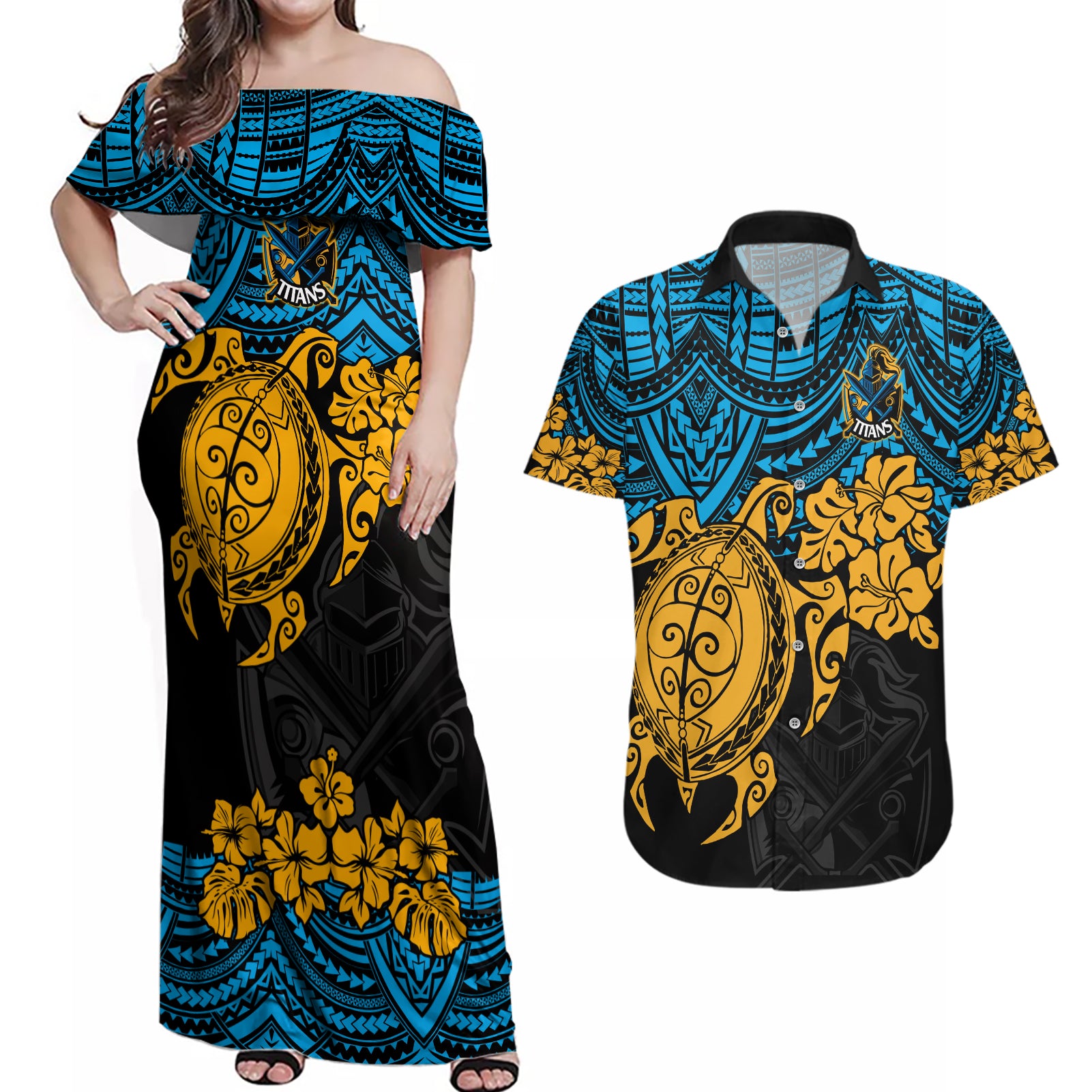custom-titans-rugby-couples-matching-off-shoulder-maxi-dress-and-hawaiian-shirt-gld-hibiscus-and-turtle-with-polynesian-pattern