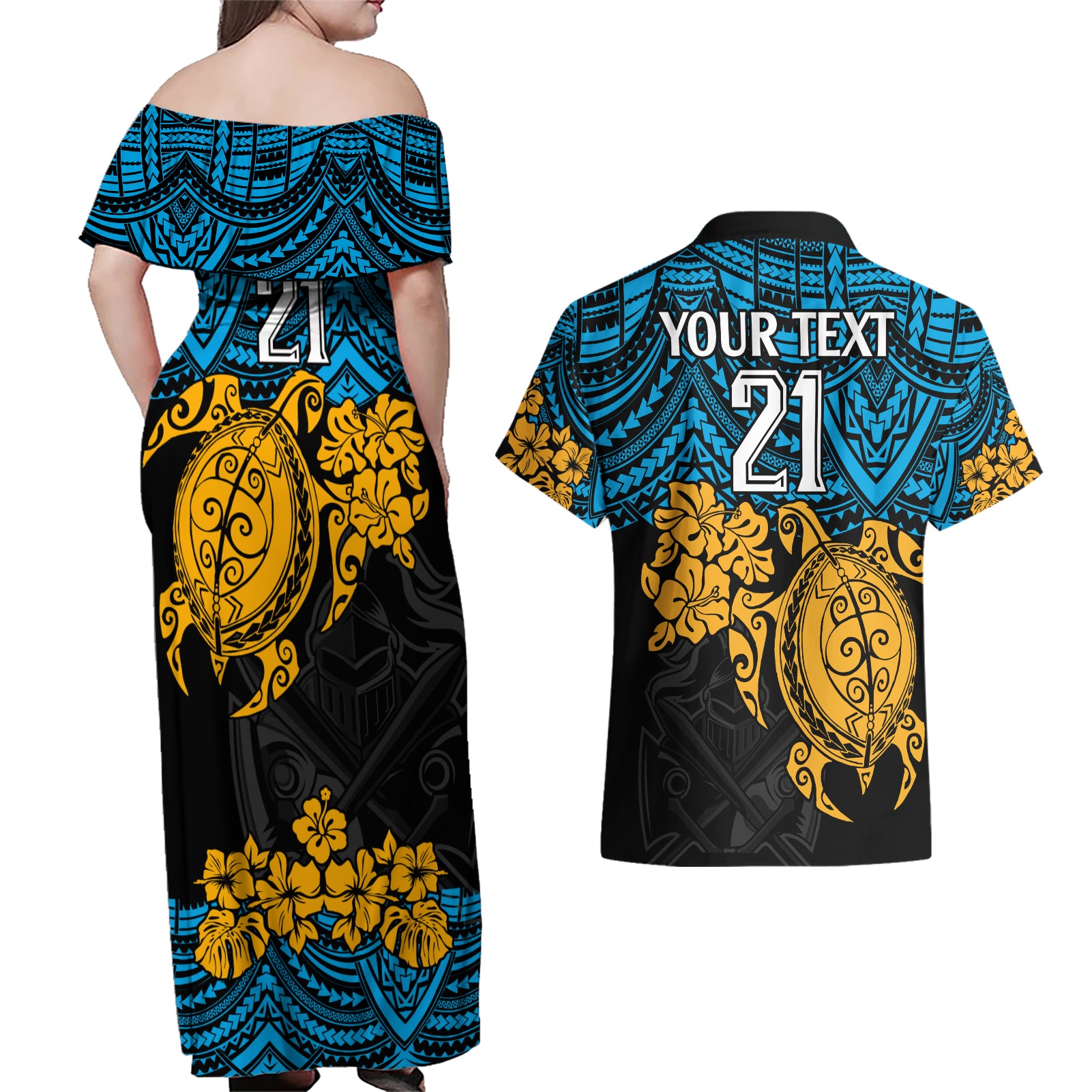 custom-titans-rugby-couples-matching-off-shoulder-maxi-dress-and-hawaiian-shirt-gld-hibiscus-and-turtle-with-polynesian-pattern