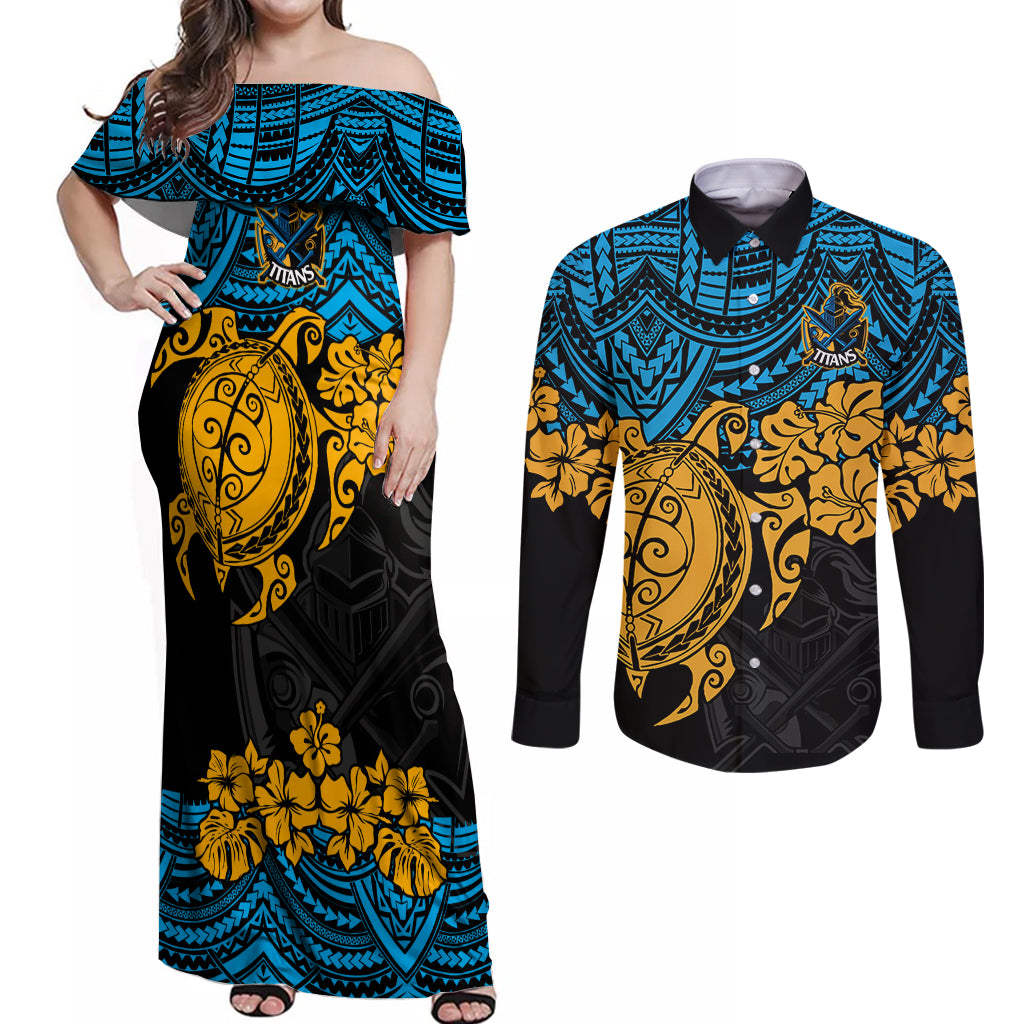 custom-titans-rugby-couples-matching-off-shoulder-maxi-dress-and-long-sleeve-button-shirt-gld-hibiscus-and-turtle-with-polynesian-pattern