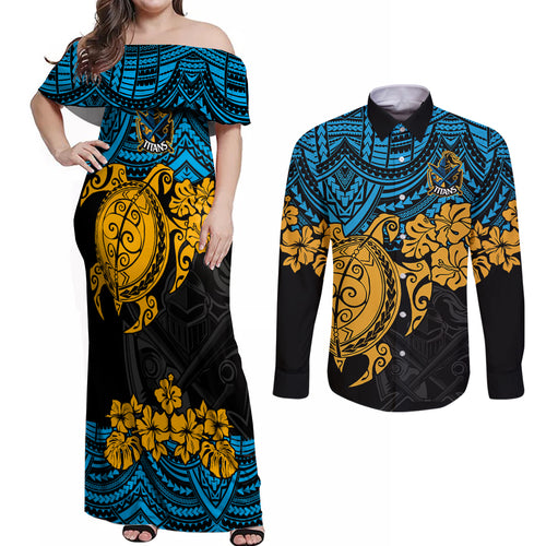 custom-titans-rugby-couples-matching-off-shoulder-maxi-dress-and-long-sleeve-button-shirt-gld-hibiscus-and-turtle-with-polynesian-pattern