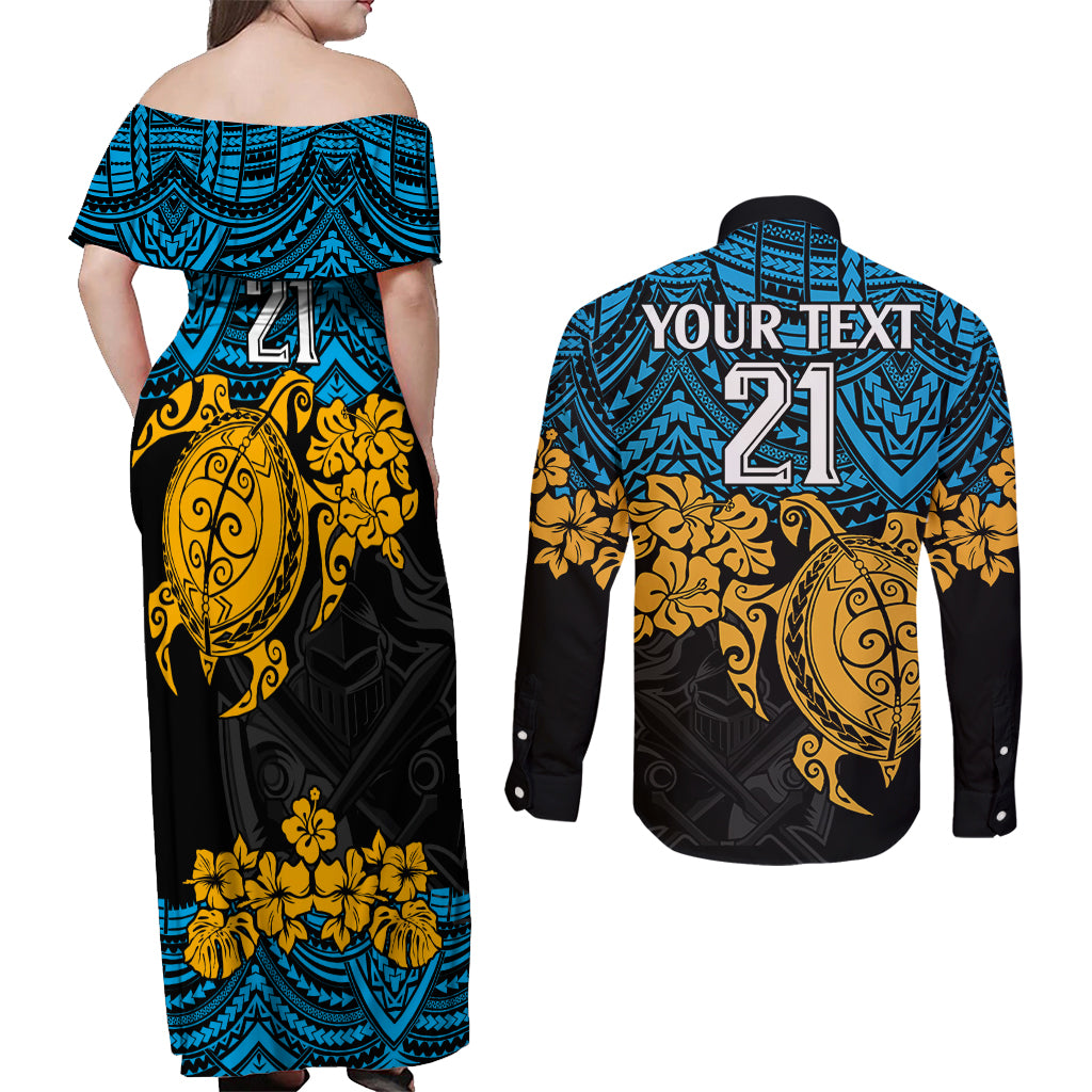 custom-titans-rugby-couples-matching-off-shoulder-maxi-dress-and-long-sleeve-button-shirt-gld-hibiscus-and-turtle-with-polynesian-pattern