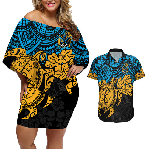 custom-titans-rugby-couples-matching-off-shoulder-short-dress-and-hawaiian-shirt-gld-hibiscus-and-turtle-with-polynesian-pattern