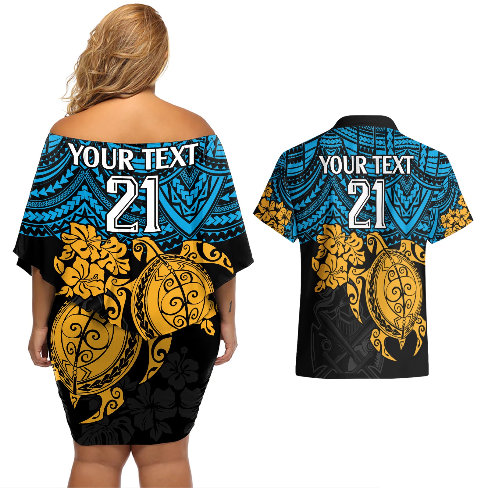 custom-titans-rugby-couples-matching-off-shoulder-short-dress-and-hawaiian-shirt-gld-hibiscus-and-turtle-with-polynesian-pattern